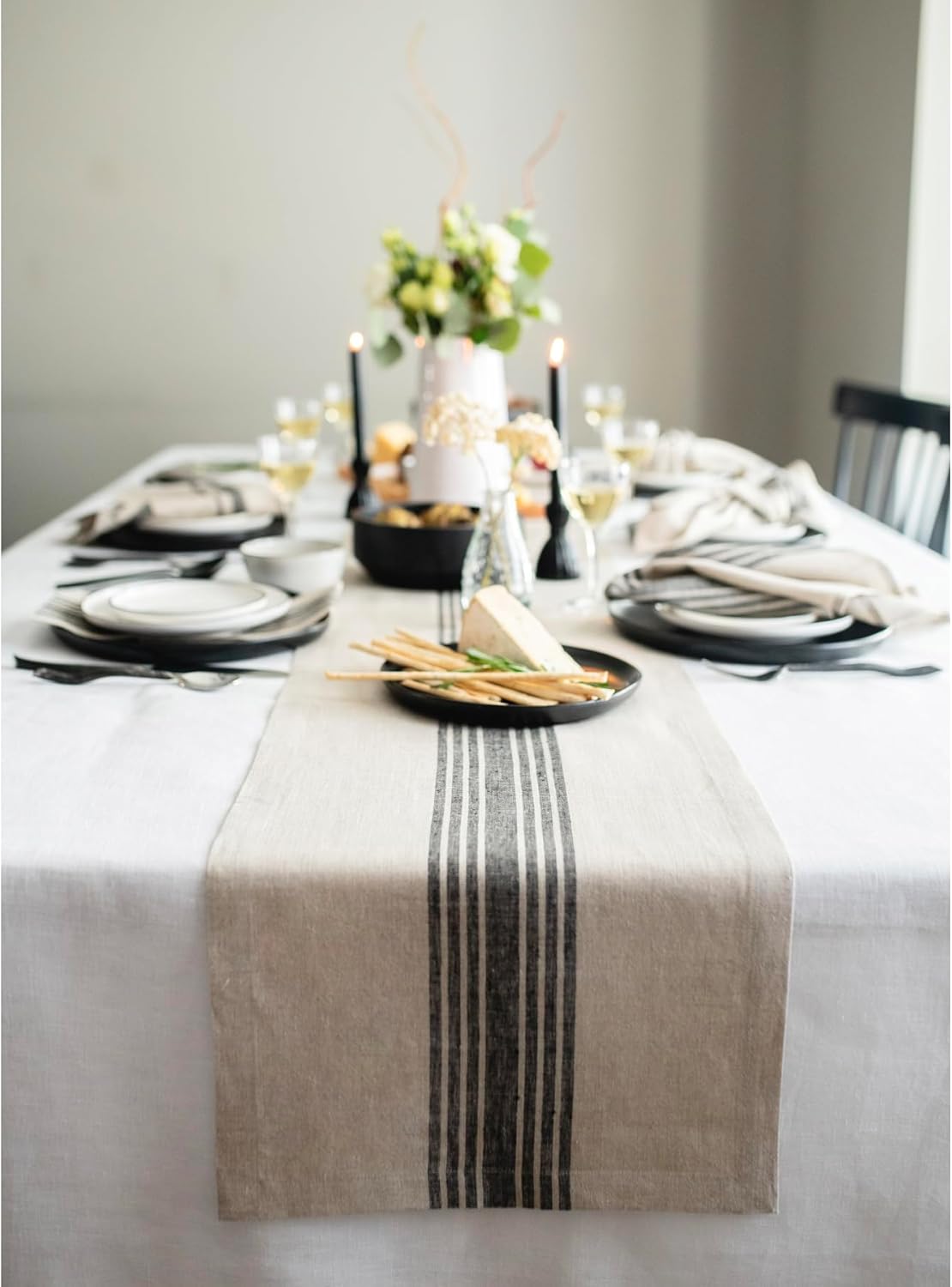 Solino Home Linen Table Runner 48 Inches - 100% Pure Linen Black and Natural Farmhouse Table Runner 14 x 48 Inch Ideal for Dresser and Coffee Tables - Thanksgiving, Holiday