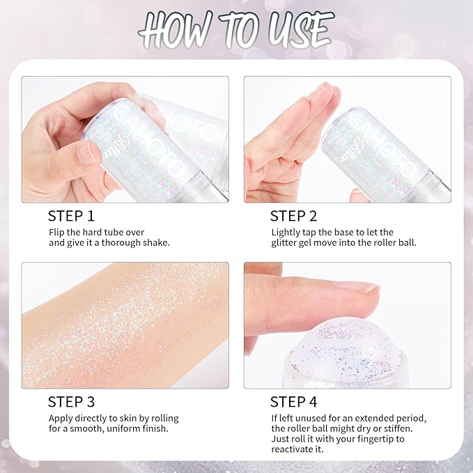 CAHOTO Silver Rolling Glitter for Face Body & Hair, Sparkling Holographic Chunky Shimmer, Roll-on Sequins for Singer Concert Rave Festival Halloween Party Carnival, 1.35fl.oz