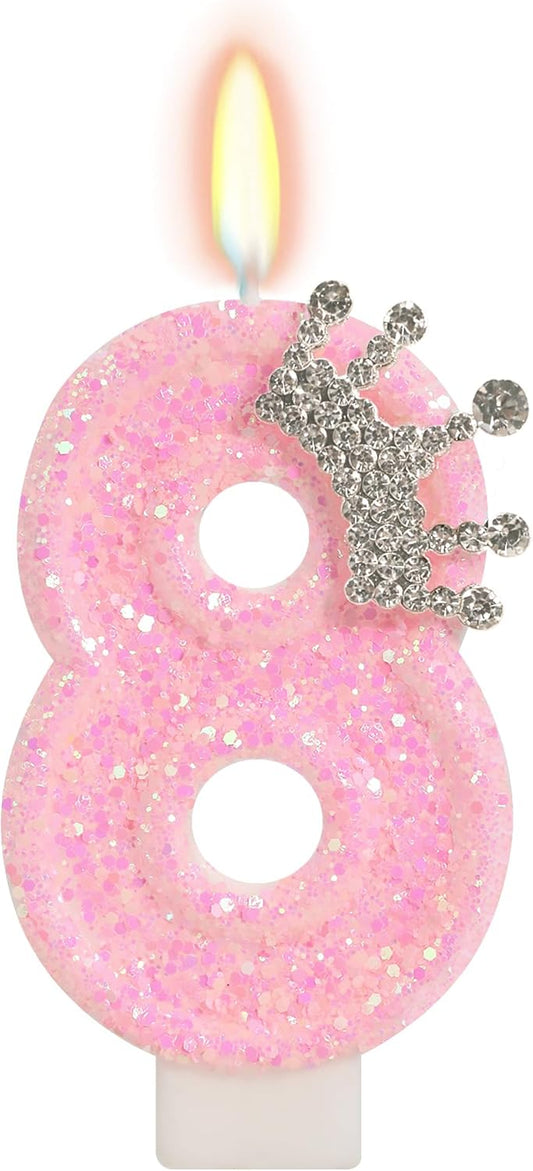 Birthday Candle for Cake, Crown Pink Number Candles, 2.76 inch Cake Topper Decoration for Princess Birthday Party (Number 8)