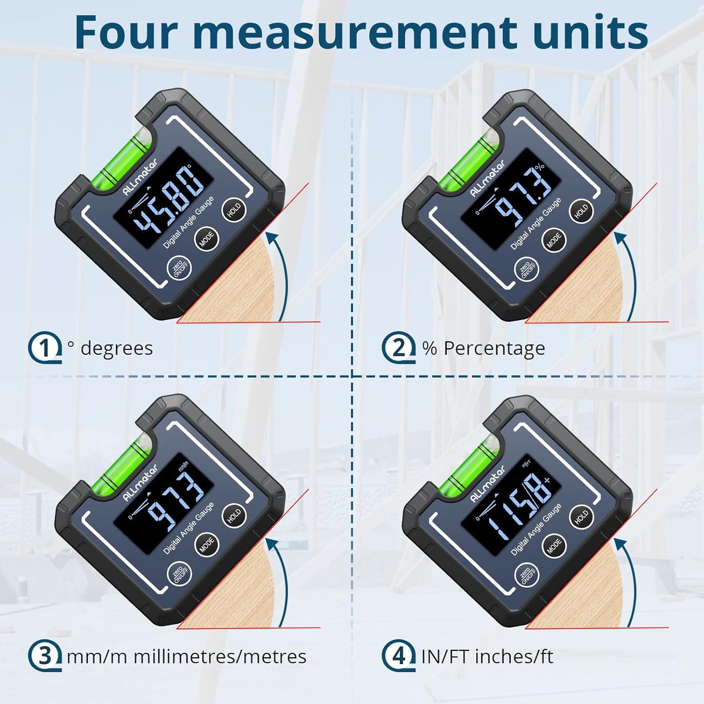 0-360°(4 * 90°) Digital Angle Finder Level Magnetic Electronic Gauge Inclinometer Protractor Tool with Bubble Level and Magnetic Base LCD Backlight For Construction Carpenter Craftsman Home