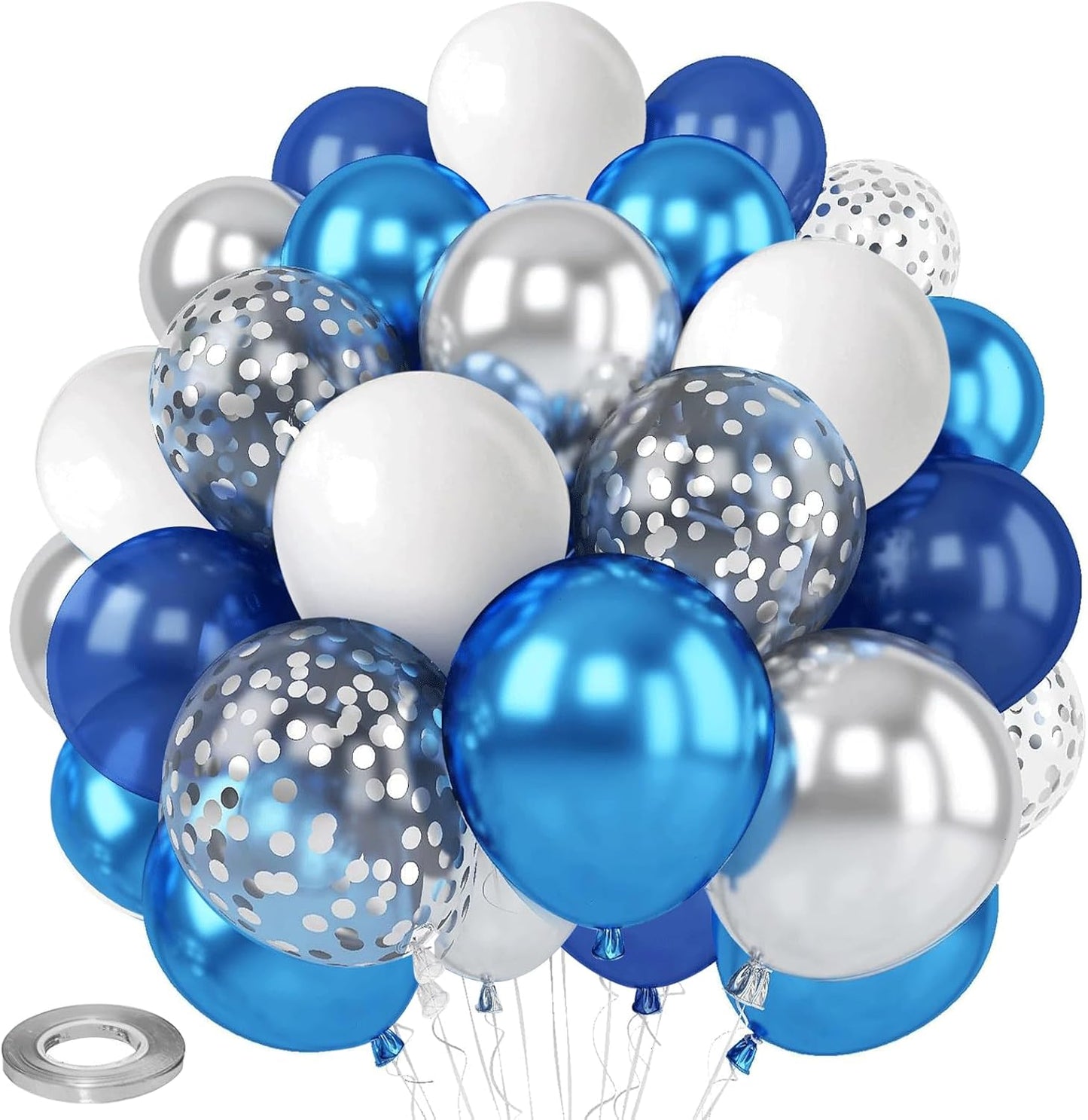 Blue White Silver Confetti Balloons, 50pcs 12 Inch Metallic Blue and Silver Balloons Clear White Confetti Latex Balloons for Birthday Wedding Anniversary Gender Revea Bridal Shower Party Decorations