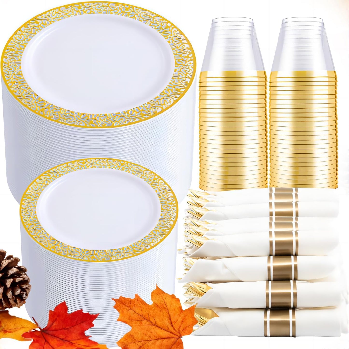 DaYammi 210 PCS Thanksgiving Gold Plastic Plates, Thanksgiving Plastic Dinnerware Sets, Includes: 30 Dinner Plates, 30 Salad Plates, 30 Pre Rolled Napkins with Gold Silverware and 30 Cups 9 OZ