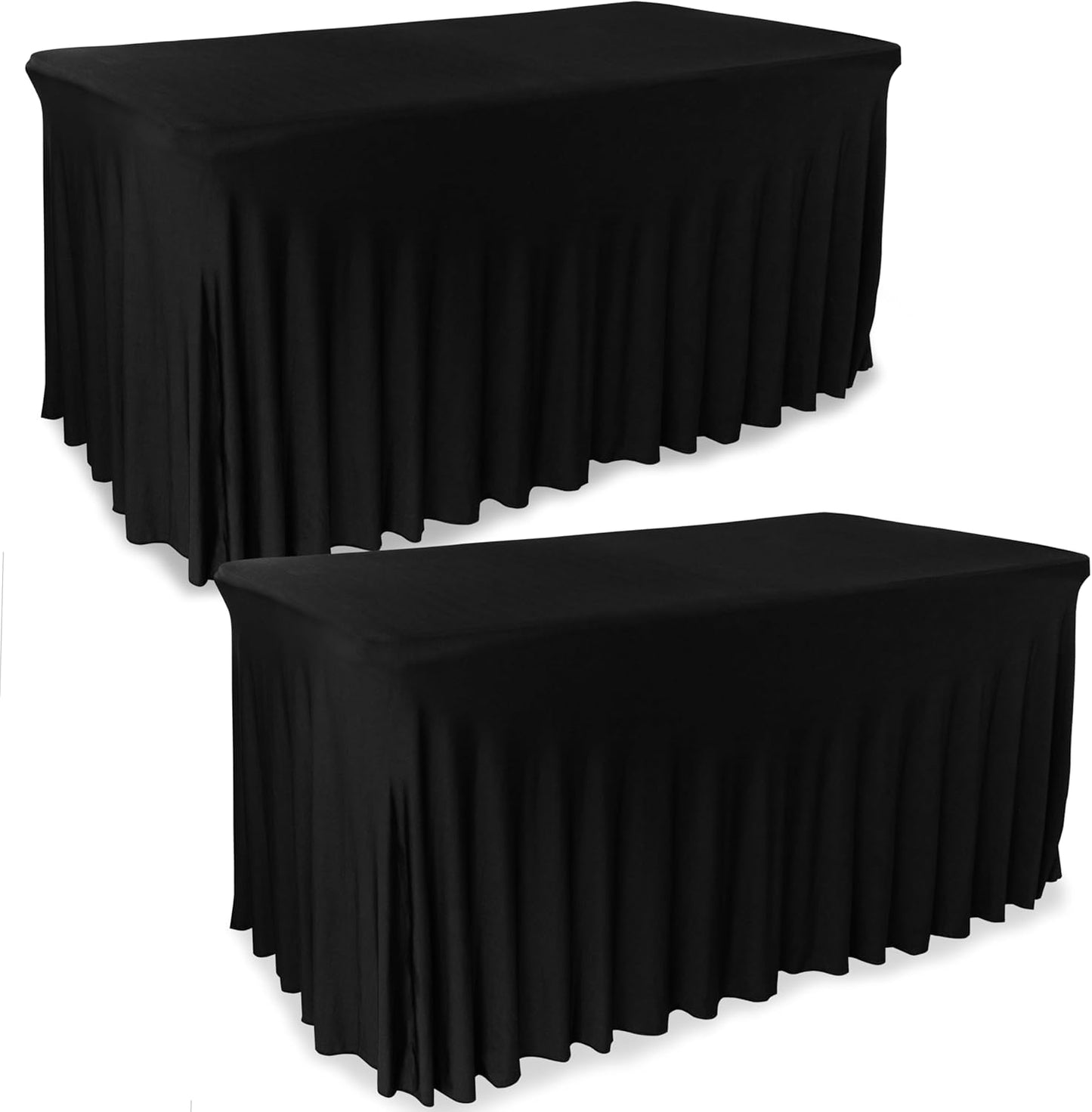 2 Pack Table Skirt for Rectangular Tables 6ft - Wedding Spandex TableCovers for Standard 6 Foot Table - One Piece Fitted Elastic Tablecloth - Great for Party, Events, Trade Shows (Pack of 2, Black)