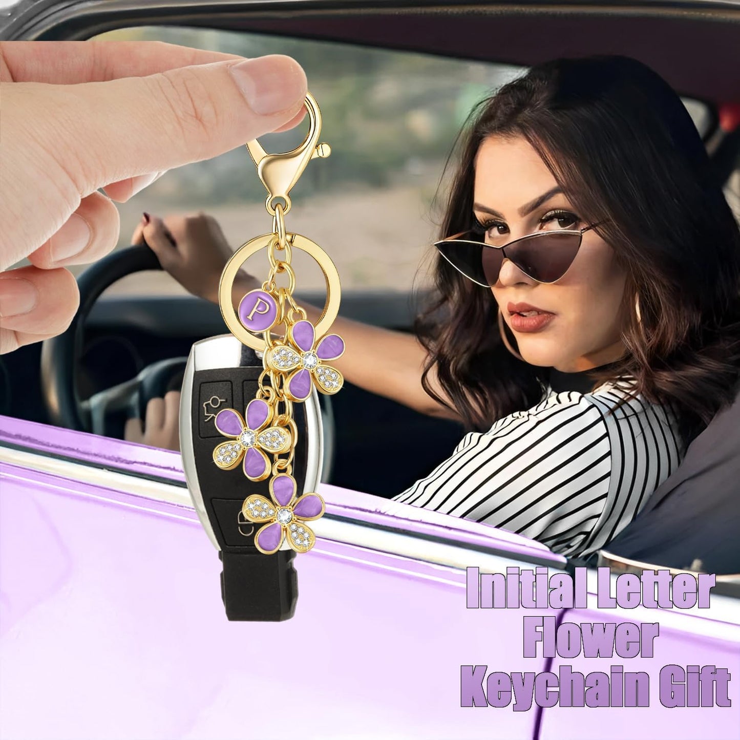 XGALBLA Cute Flower Crystals Rhinestone Initial Letter Keychain for Women, Bag Charms Bling Sparkly Enameled Keychain Handbag