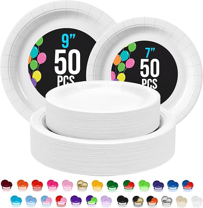 Exquisite White Paper Plates Disposable Heavy Duty 100 Pcs - 50-7" & 50-9" White Disposable Plates For Party Heavy Duty Paper Plate 350 GSM Birthday Party Supplies Plate Set