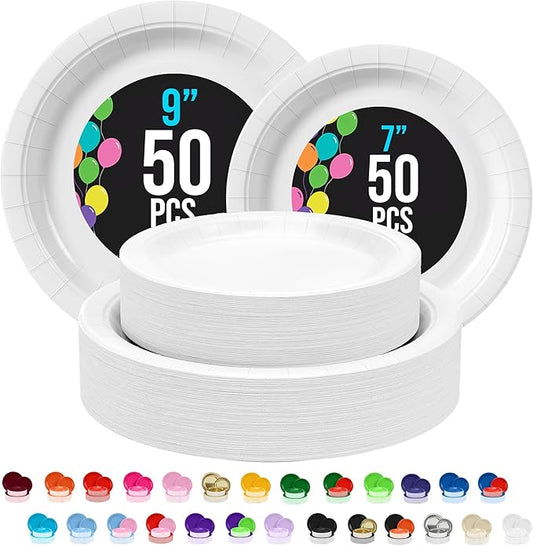 Exquisite White Paper Plates Disposable Heavy Duty 100 Pcs - 50-7" & 50-9" White Disposable Plates For Party Heavy Duty Paper Plate 350 GSM Birthday Party Supplies Plate Set