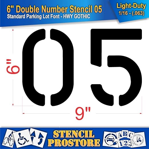 Pavement, Curb, and WheelStop Stencils - 6 inch Double Number Stencil - (05) - 6" x 9" x 1/16" (63 mil) - Light-Duty