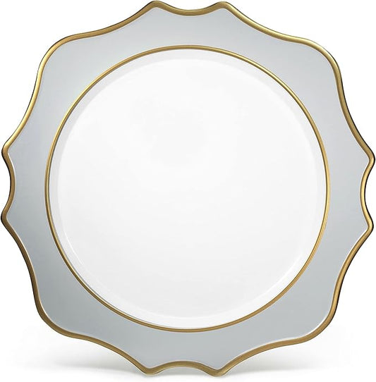 " OCCASIONS " 10 Pieces Round 13'' ACRYLIC MELAMINE Reusable Wedding Charger Plate (Scalloped Dolphin Gray and Gold)