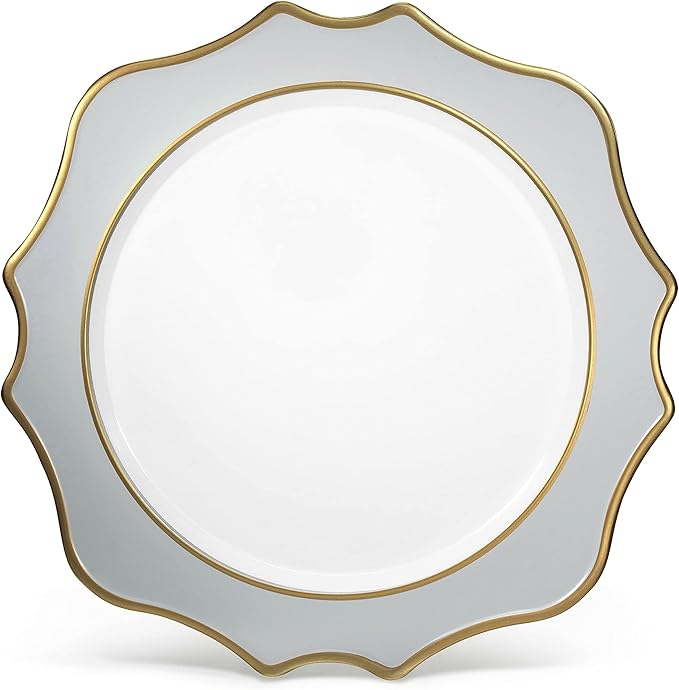 " OCCASIONS " 10 Pieces Round 13'' ACRYLIC MELAMINE Reusable Wedding Charger Plate (Scalloped Dolphin Gray and Gold)