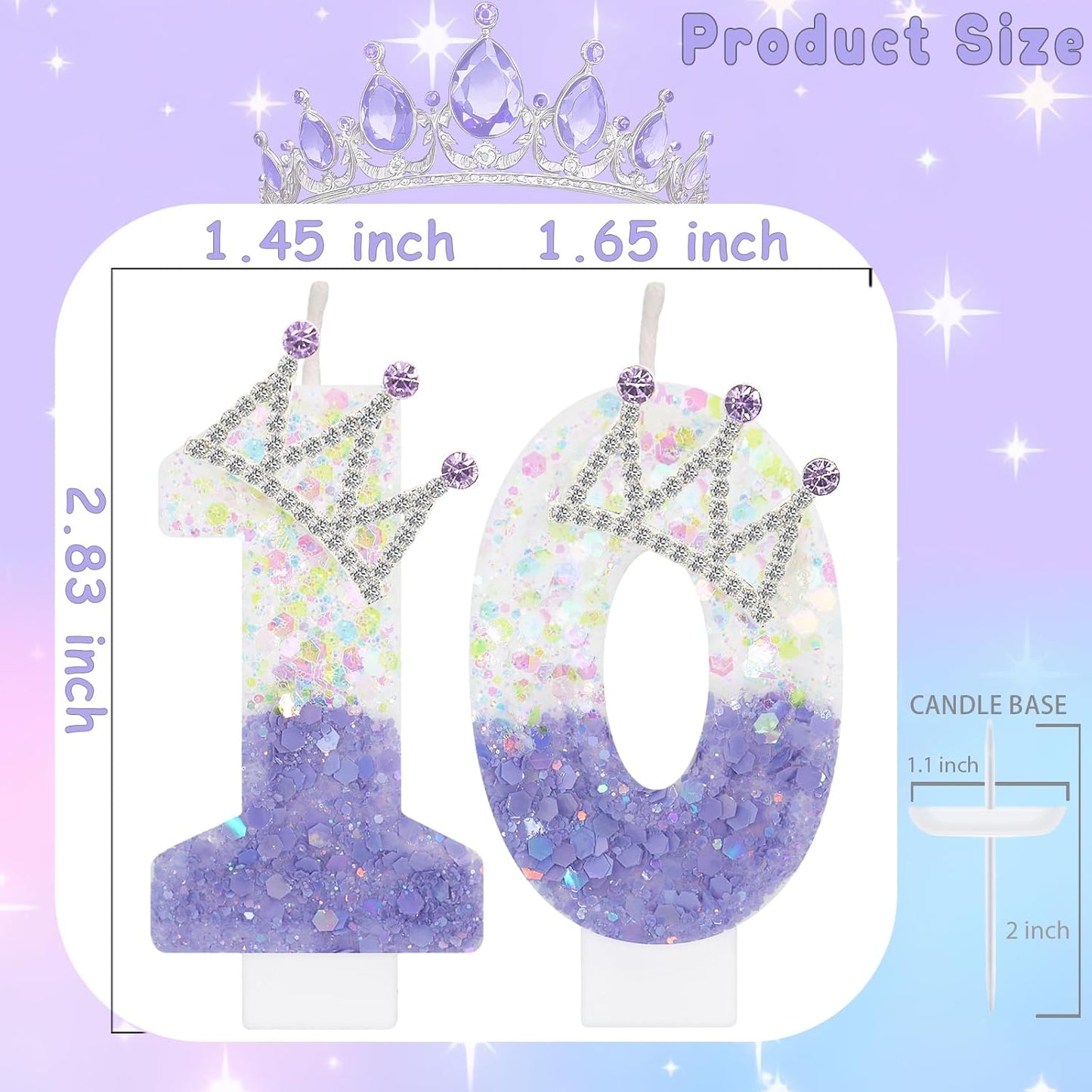 Purple White Number 10 Candle, Glitter Crown Cake Topper, Princess Birthday Party Decorations for Girls and Women Anniversary Celebrations Party Favors