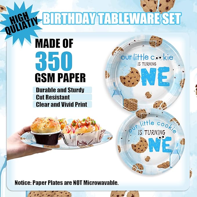 168Pcs Cookies Party Supplies Chocolate Chip Cookies and Milk Drinks Birthday Decorations for Baby Boys Girls 1st Birthday Party Tableware Serve 24