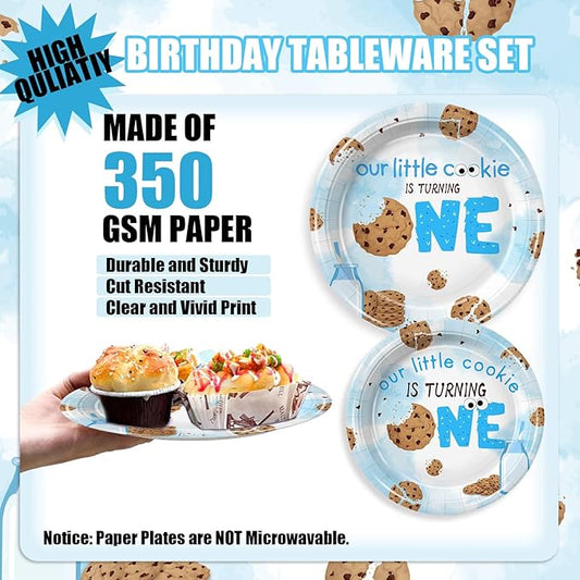 168Pcs Cookies Party Supplies Chocolate Chip Cookies and Milk Drinks Birthday Decorations for Baby Boys Girls 1st Birthday Party Tableware Serve 24