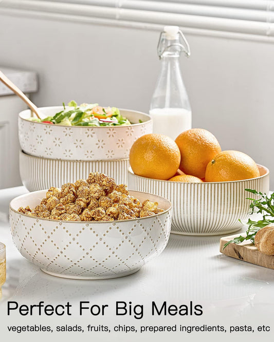 getstar Large Serving Bowls (8 inch & 60 fl oz), Ceramic Salad Bowl Set of 2, Microwave and Dishwasher Safe, Farmhouse Kitchen Decorative Bowls Set (Embossed Stripes & Stars)