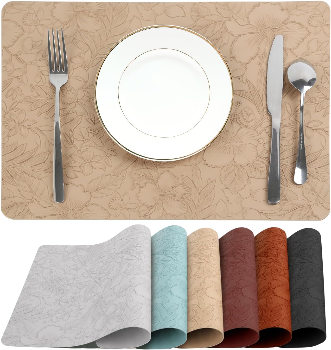 SolaraDawn Faux Leather Placemats Set of 4 Beige, 17" × 12" Waterproof & Heat-Resistant Dining Place Mats, Easy Wash Clean, Wipeable & Anti-Slip Table Mats with Shallow Embossed Texture