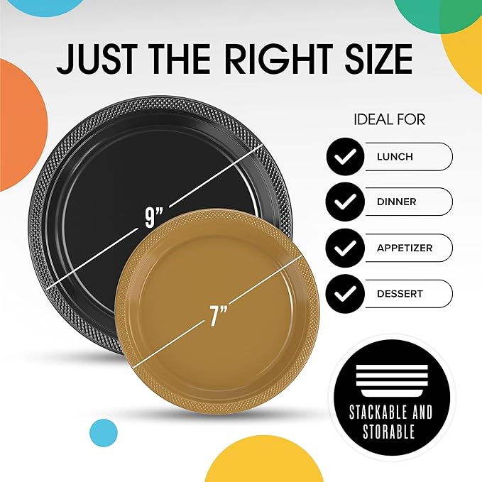 Party Solids Black and Gold Plastic Plates For Party Supplies, Black and Gold Disposable Plates 100 Pcs - 50-7" & 50-9" Heavy Duty 350 GSM Disposable Dinnerware Sets, Plastic Dinnerware Sets