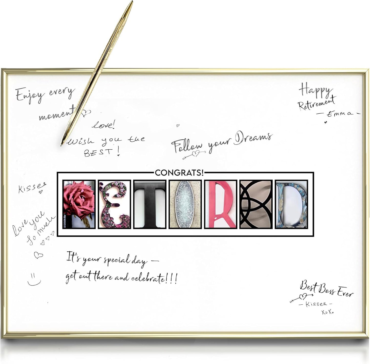 Framed Gold Retirement Decorations Guest Book for Womens - 12"x16" Retirement Poster for Women including Gold Pen & Acrylic Glass - Unique Retirement Party Decor & Gift for Women
