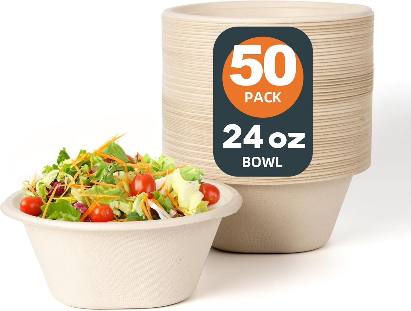 [50 Pack] 24 OZ Heavy Duty Disposable Paper Bowls - Made from Natural Bagasse - Eco-friendly Bowls for Hot Soup, Salad, Dessert
