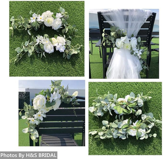 Wedding Arch Flowers,3Pcs Set White Rose Decorative Floral Swags, Artificial Greenery Eucalyptus Leaves Flower For Sheer Drapes, Wedding Chair, Arbor, Wedding Ceremony and Reception Arrangement