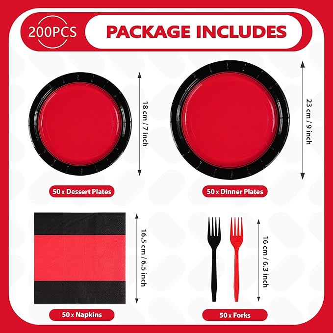 Grencian 200Pcs Red and Black Party Decorations Valentine's Day Red and Black Plates and Napkins Disposable Tableware Set for Graduation Birthday Wedding Valentine's Day Party Supplies, Serves 50