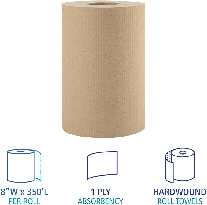Boardwalk 6252 Hardwound Paper Towels, 8" x 350ft, 1-Ply Natural (Case of 12 Rolls)