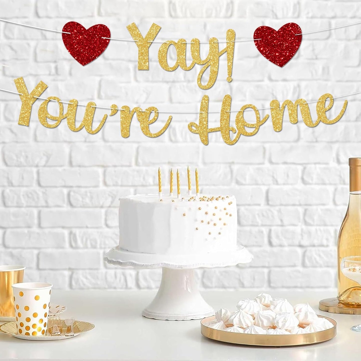 Gold Glitter Welcome Home Banner, Yay! You're Home Banner for Welcome Back, Housewarming & Military Return Party Decorations & Decor, No DIY.