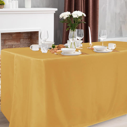 Obstal 2 Pack Table Clothes for 8 Foot Rectangle Tables - Water Resistant Washable Fabric Polyester Rectangle Table Cover Protector for Wedding, Banquet and Trade Shows, 96L x 30W Inches, Gold
