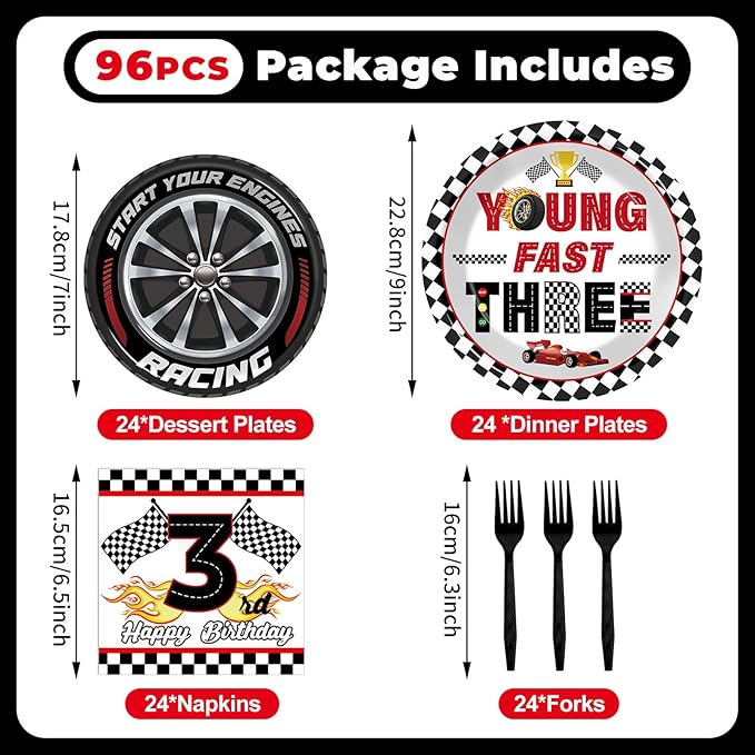 96PCS Race Car Themed 3rd Party Paper Plates and Napkins and Forks Set Young Fast Three Party Tableware Racing Checkered Flag Disposable Dinnerware for Kids Birthday Gatherings Decorations