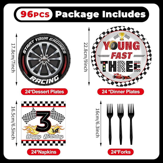 96PCS Race Car Themed 3rd Party Paper Plates and Napkins and Forks Set Young Fast Three Party Tableware Racing Checkered Flag Disposable Dinnerware for Kids Birthday Gatherings Decorations