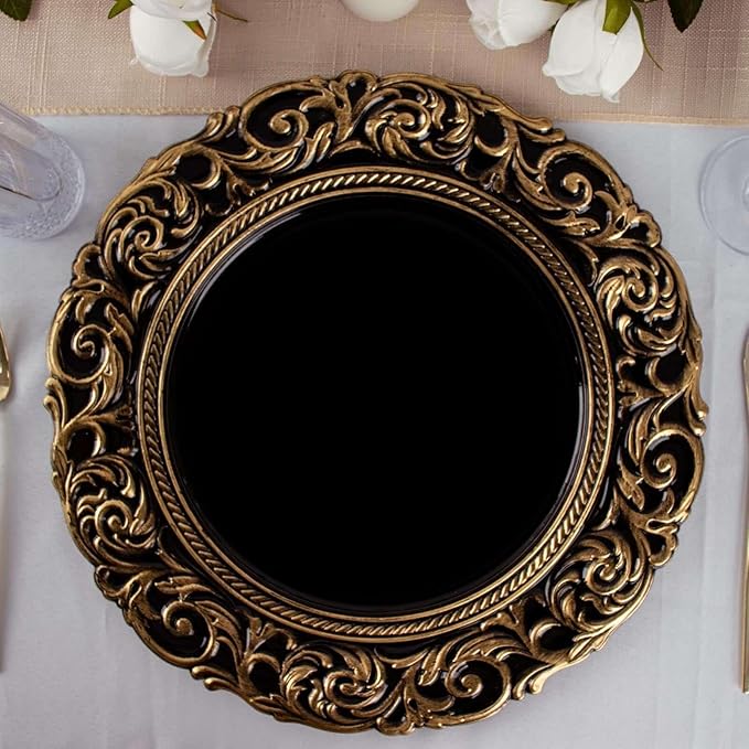 Efavormart Set of 6 Black/Gold 14" Round Plastic Charger Plates With Engraved Baroque Design Rim For Wedding Party Events