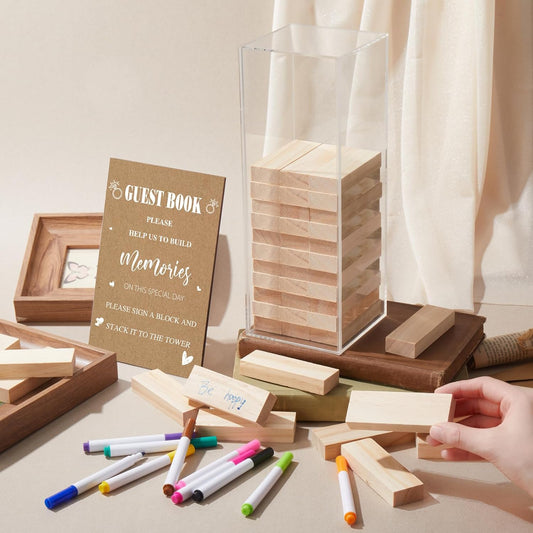 80 Pcs Wedding Guest Book Alternative Wooden Block Guest Book for Wedding Sign in Bridal Shower Decoration Wooden Block Bridal Shower Game for Sign in, Reception(Boho)