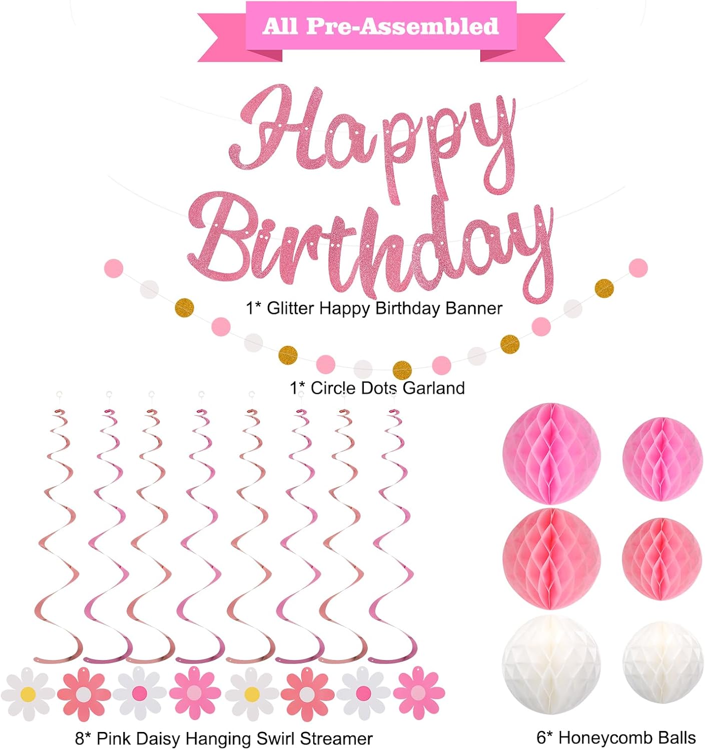 Birthday Decorations, NO DIY, Pre-Strung Happy Birthday Banner with Honeycomb Balls, Hanging Swirls, Circle Dots Garland, Happy Birthday Party Decorations for Women Men Boys Girls (Pink)