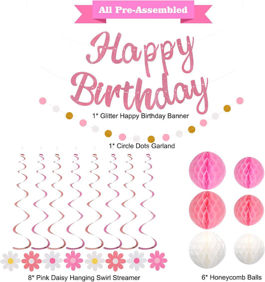 Birthday Decorations, NO DIY, Pre-Strung Happy Birthday Banner with Honeycomb Balls, Hanging Swirls, Circle Dots Garland, Happy Birthday Party Decorations for Women Men Boys Girls (Pink)