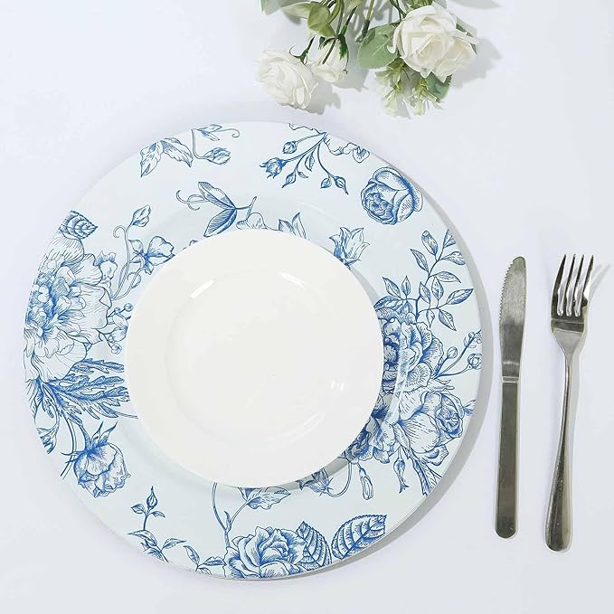Efavormart 6 Pack White Blue Floral Acrylic Charger Plates in French Toile Pattern, Round Dinner Charger Event Tabletop Decor - 13"