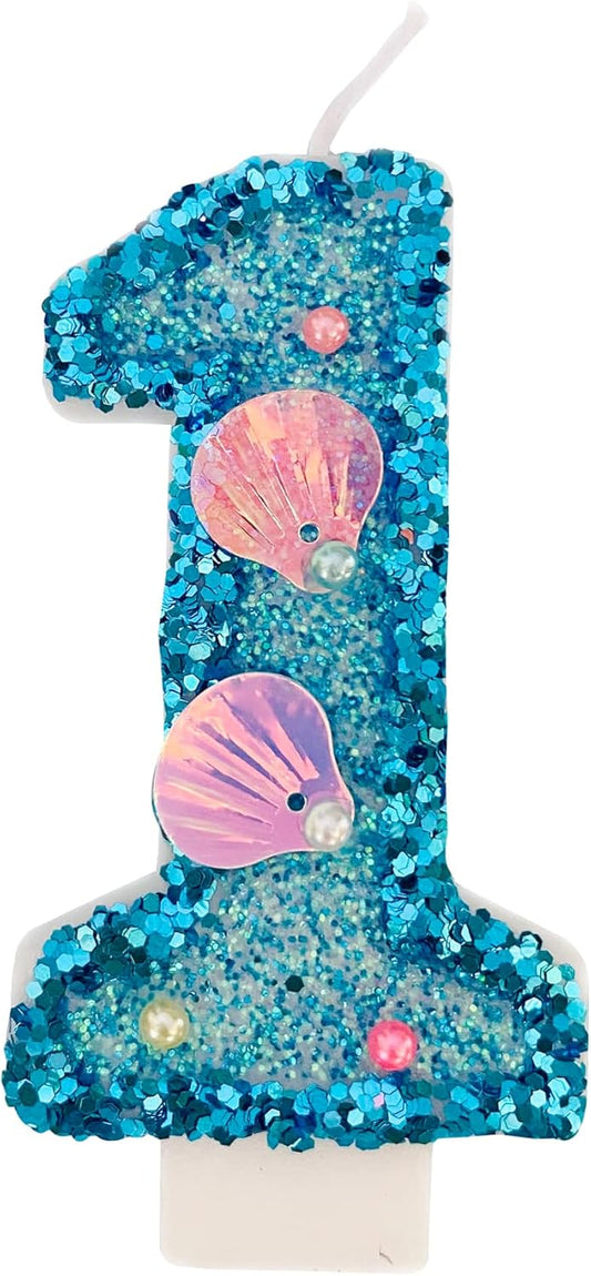 Blue Number Candle,Shell Sequins Number Candles for Birthday Cakes Mermaid Themed Party Supplies Number 1 Candle