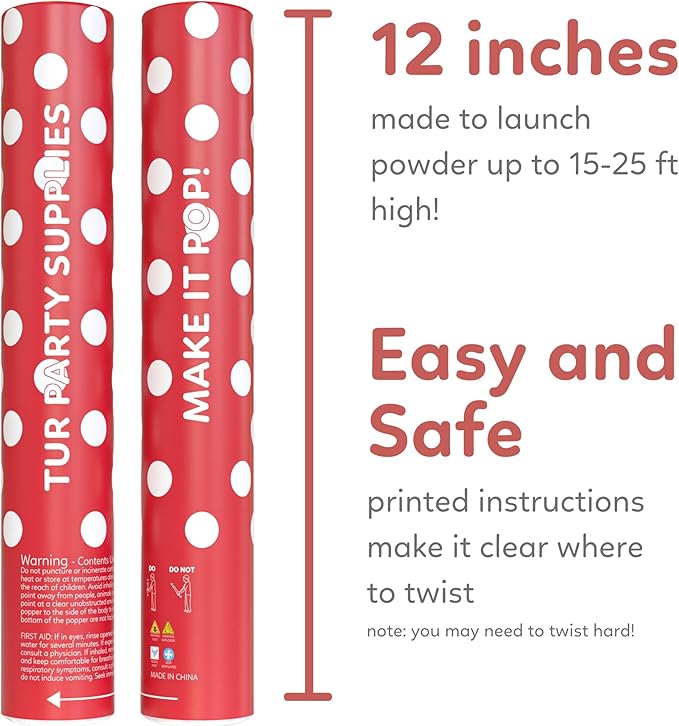 Red Powder Cannons Smoke Bombs Biodegradable Poppers | 2 Pack | Launch up to 25 ft | 12 inch | Decorations For Photoshoots, Gender Reveal, Celebrations, Festivals, and Parties | TUR Party Supplies