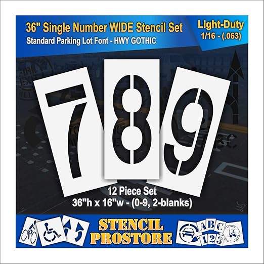 Pavement Stencils - 36 inch Number Stencil (Wide) Set (12 Pieces) - 0-9 - 36" x 16" x 1/16" (63 mil) - Light-Duty
