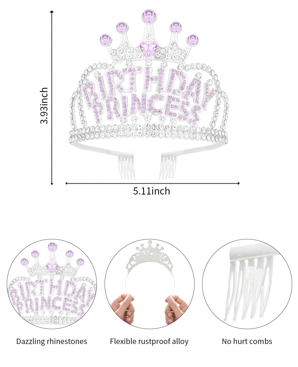 Wecoe Birthday Crown Purple Princess Rhinestone Tiara with Combs Happy Birthday Party Favors Pink Decorations 16th 18th 21st 25th Gifts for Her