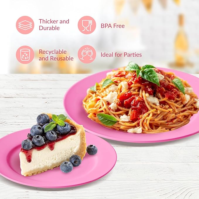 Prestee 50-pc Pink Plastic Plates - 25 Plastic Dinner Plate (10") + 25 Salad Small Plate (7") - Disposable Plate, Tea Party, Pink Party, Easter, Baby Shower Plates