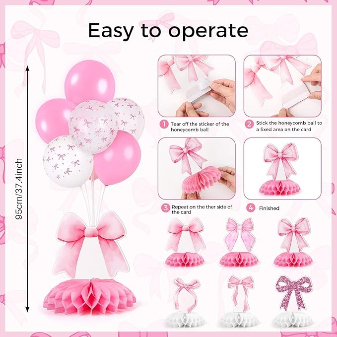 6 Set Pink Bow Birthday Decoration for Table Baby Girl Shower Decorations Pink Bow Balloon Table Centerpiece with Balloons Stand Kit Honeycomb Centerpiece for Girls Birthday Wedding Party Supply