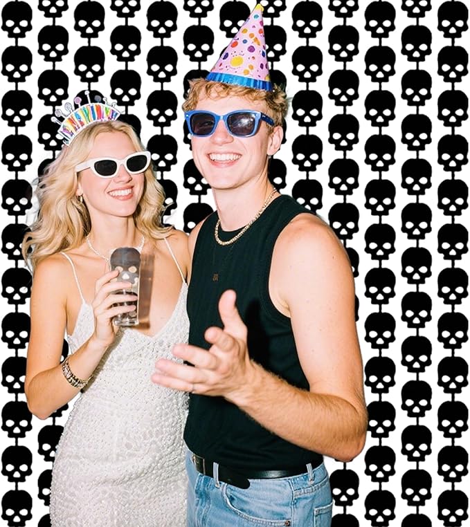 Gothic Party Decorations - 2 Packs Black Skull Foil Fringe Streamers Curtains for Birthday Bridal Shower Engagement Wedding Wall Bachelorette Coquette Party Decor(3.3x6.6 ft)