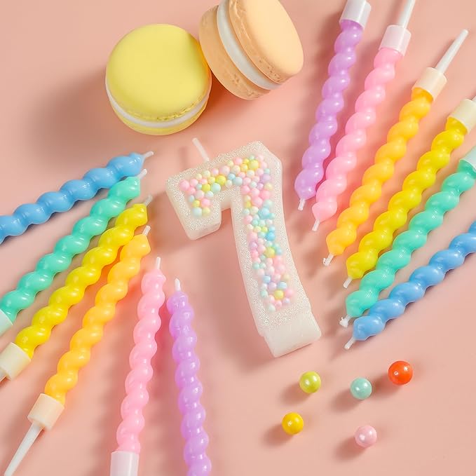 PHD CAKE Number 7 Birthday Candle Macaron Glitter Number Candle with Rainbow Spiral Candles in Holders for Cake Topper, Pastel Sweet Theme Party Decoration