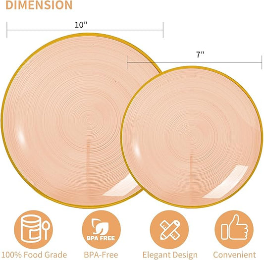 N9R 60PCS Orange Plastic Plates with Gold Rim, Elegant Disposable Plates, Circular Ribbed Design, 30 Dinner & 30 Dessert Plate for Parties, Weddings, Banquets and Events (Translucent Orange)