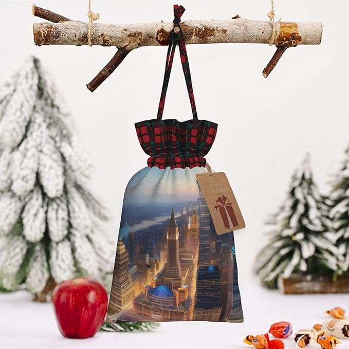 PULaif City Picture Night Christmas Drawstring Gift Bags, Large Size Christmas Bags For Gifts Party Favors, Xmas Gift Bags