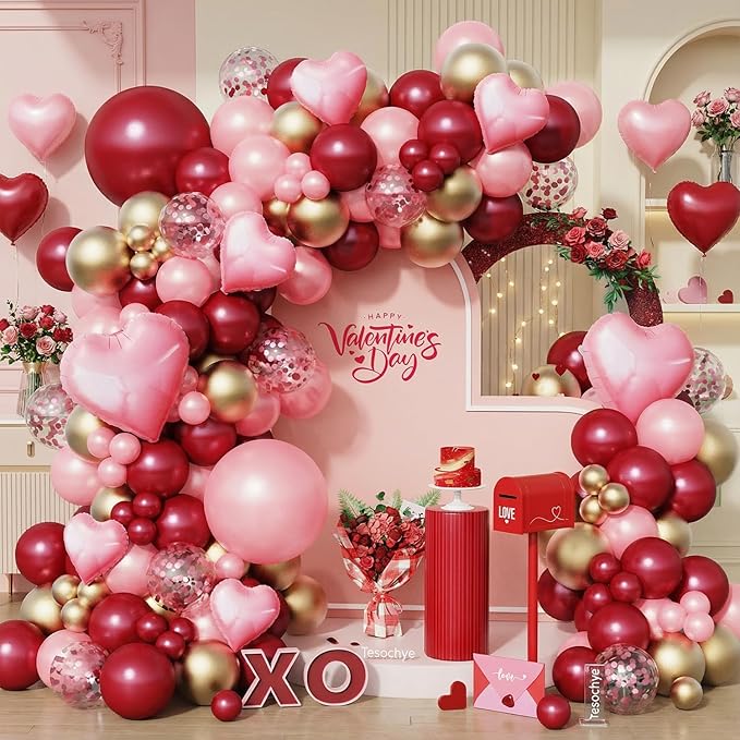 142 Pcs Valentine's Day Balloon Garland Arch Kit with Love Foil Balloons,Burgundy Maroon Gold Pearl Pink Confetti Balloons for Birthday Mother's Day Anniversary Bridal Wine Party Wedding Decorations