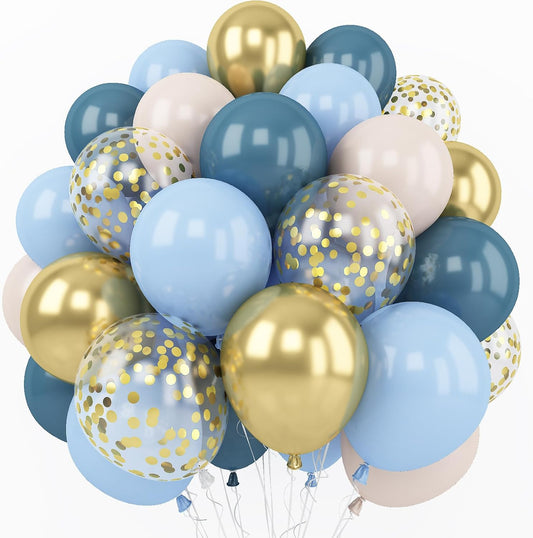 Dusty Blue Balloon Set, 60 Packs 12 Inches Metallic Chrome Gold Macaron Blue Ocean Blue White Sand Balloon Confetti Balloons for Boho Baby Shower Wedding Boy Birthday Graduation Decoration
