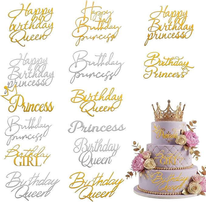 14pcs Birthday Queen Cake Topper Acrylic Gold Happy Birthday Queen Cake Topper for Women Queens Birthdays Decorations Cakes Decoration for Women Girls Valentine's Day Mother's Day