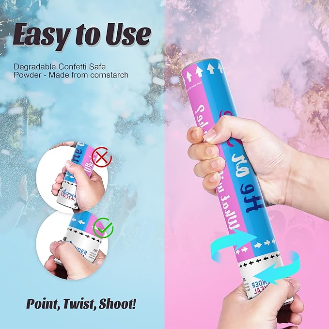 POPUPARTY 2 Pack Gender Reveal Confetti smoke Powder Cannon | 1 Pink & 1 Blue Confetti and Powder Poppers | Ideal for Baby Girl or Boy Gender Reveal Decoration and party