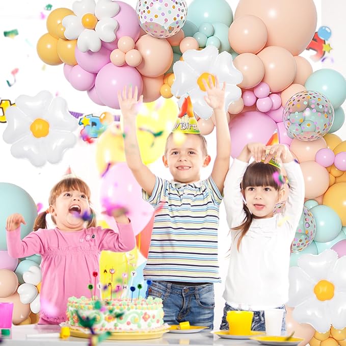 168Pcs Daisy Balloon Arch Garland Kit, Pastel Blue Orange Yellow Purple Confetti Daisy Wild Flower Balloons for Mothers Day Boho Two Groovy One Birthday Floral Girl Baby Shower Spring Party Decoration