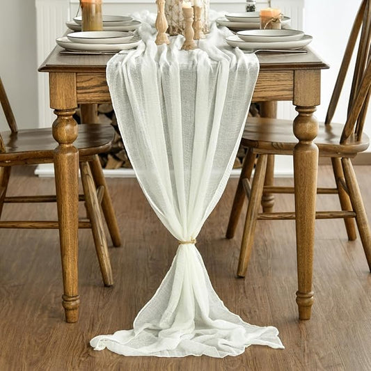 Artoid Mode Boho Milk White Gauze 6 Pieces Wedding Table Runner, 120 Inch Birthday Fabric Kitchen Dining Holiday Table Decor for Home Party Indoor
