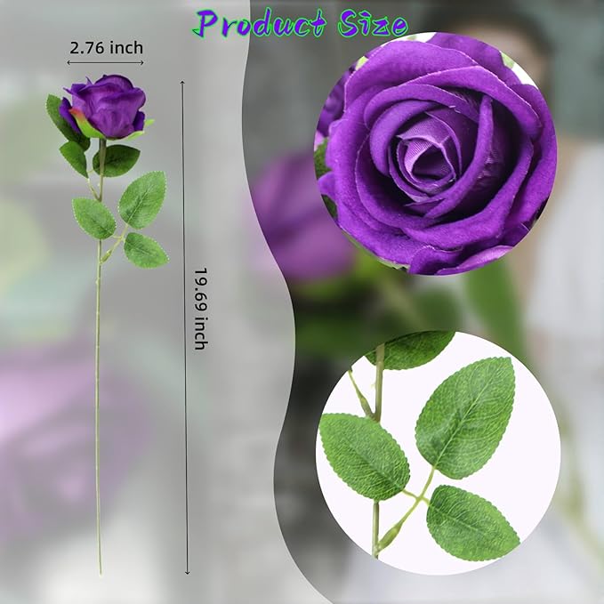 Artificial Roses Flowers, 12 Pcs Fake Purple Rose in Bulk, Long Stem Realistic Silk Roses Bouquet for Wedding, Party Centerpieces, Flower Arrangement, Home Decor (Purple, 12-PCS)